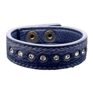 Yik Fung Blue Genuine Leather Rhinestones Bangle Bracelet Snap 6.75 to 7.5 in